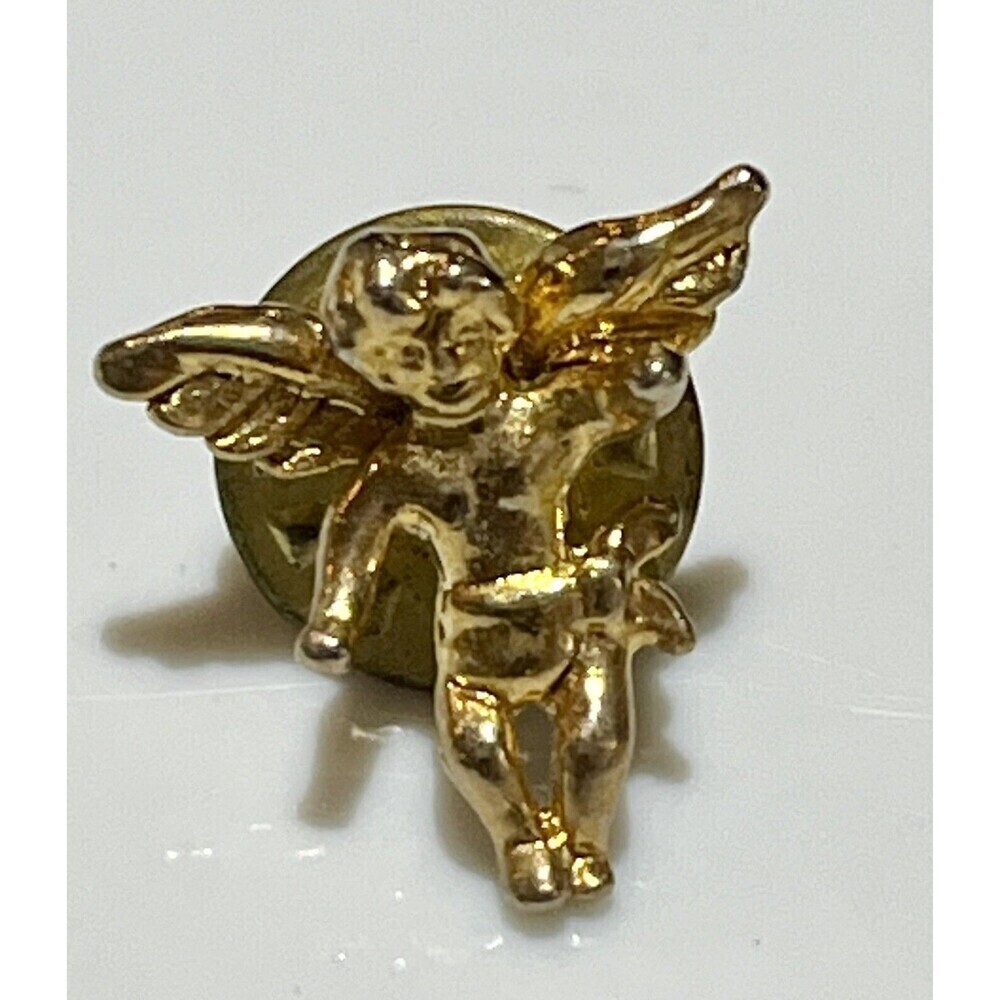Set Of 2 Vintage Gold Tone Angel Cherub/Angel W/ American Enamel Flag Lapel Pin